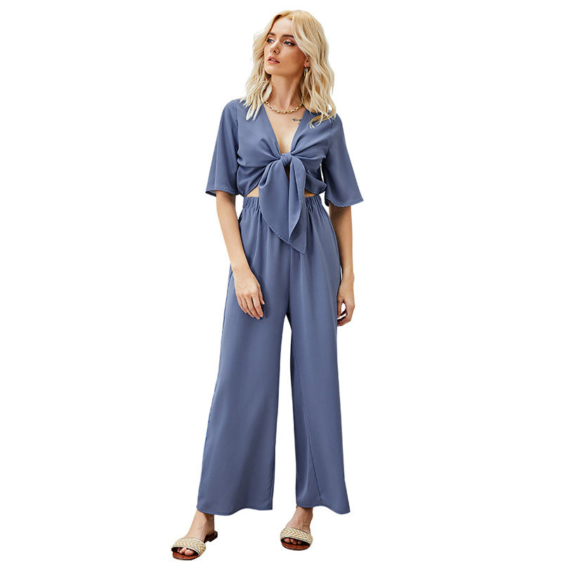 Women's V-Neck Half Sleeve Top and Trousers Set
