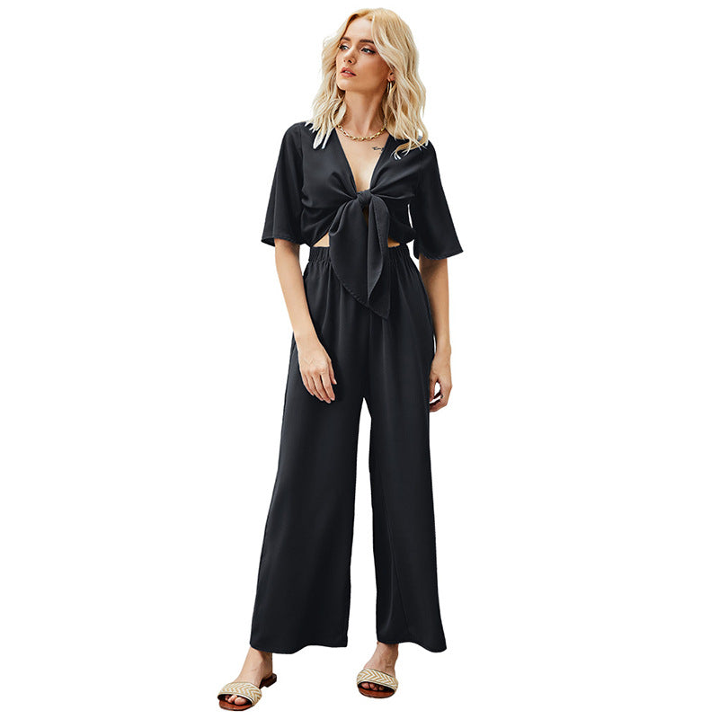 Women's V-Neck Half Sleeve Top and Trousers Set