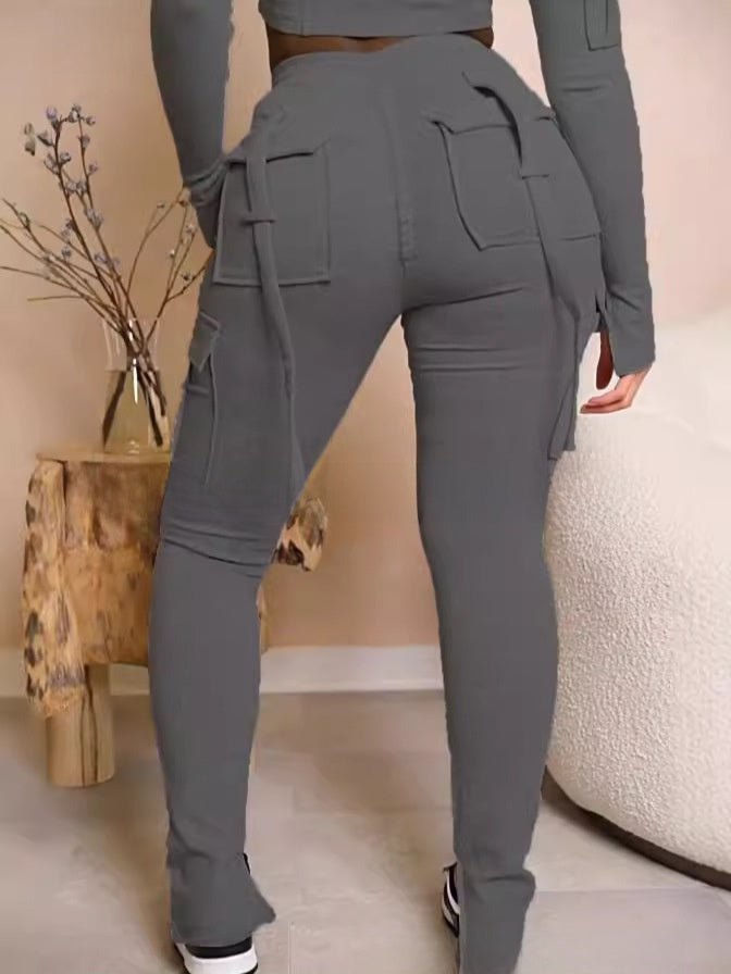 Low-rise workwear-style slim-fit trousers with patch pockets and split hems