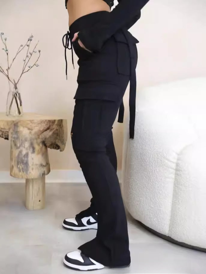 Low-rise workwear-style slim-fit trousers with patch pockets and split hems